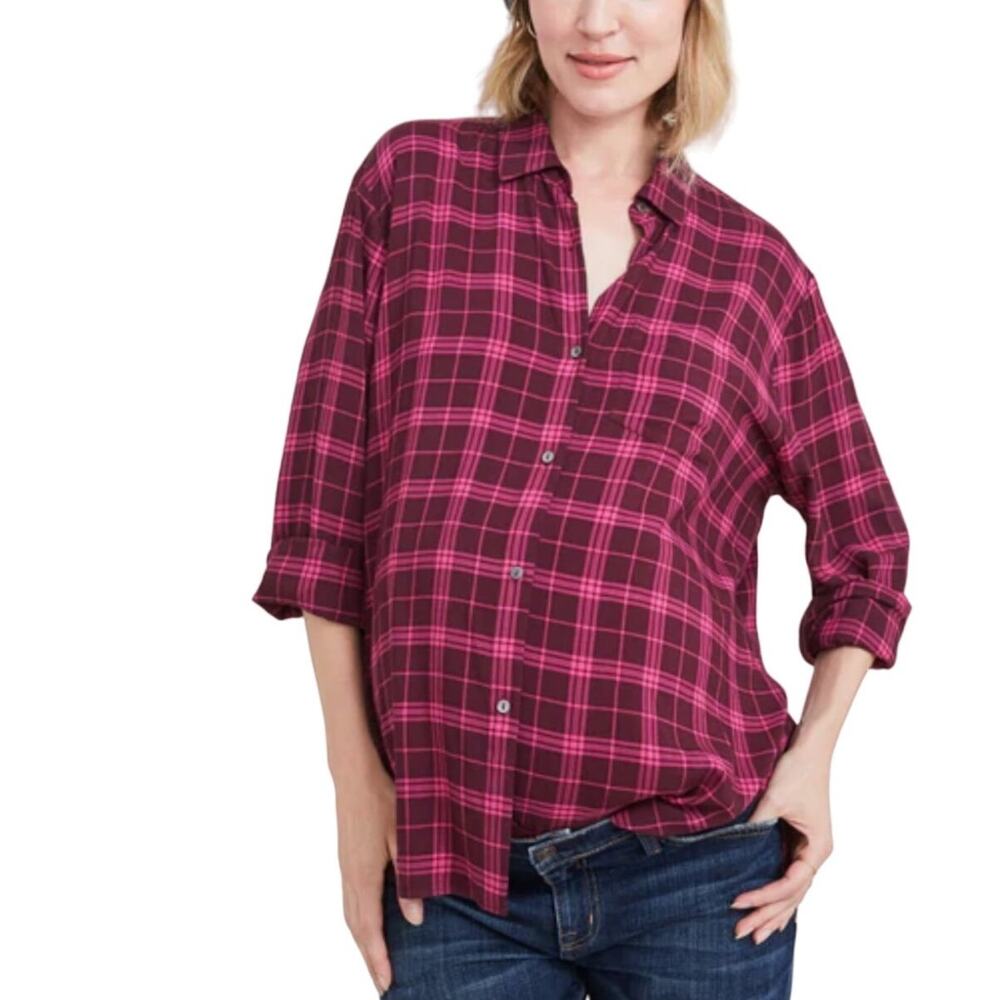 HATCH Maternity BOYFRIEND Shirt Port Carmine Plaid Size 3